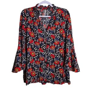 FREE PEOPLE Floral V neck Bell‎ Sleeve Boho Red Blue Blouse Tunic Top XS